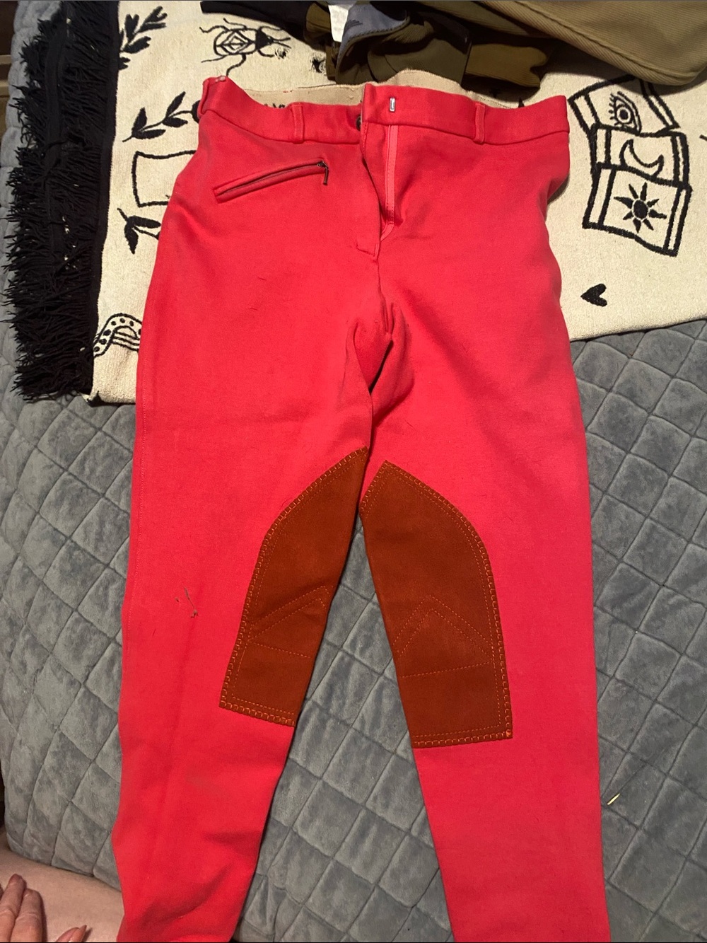 Red Women's Riding Leggings with Brown Knee Patches